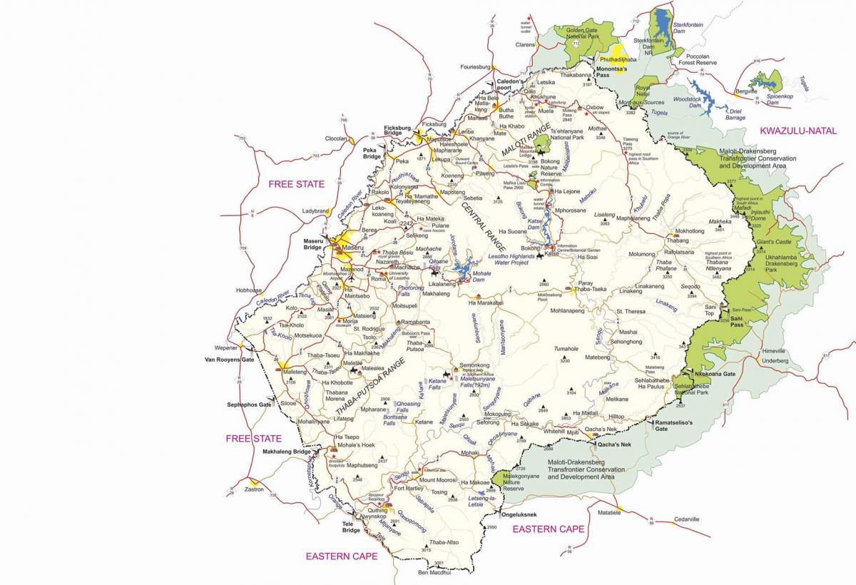 kartta Lesothon raja-asemilla